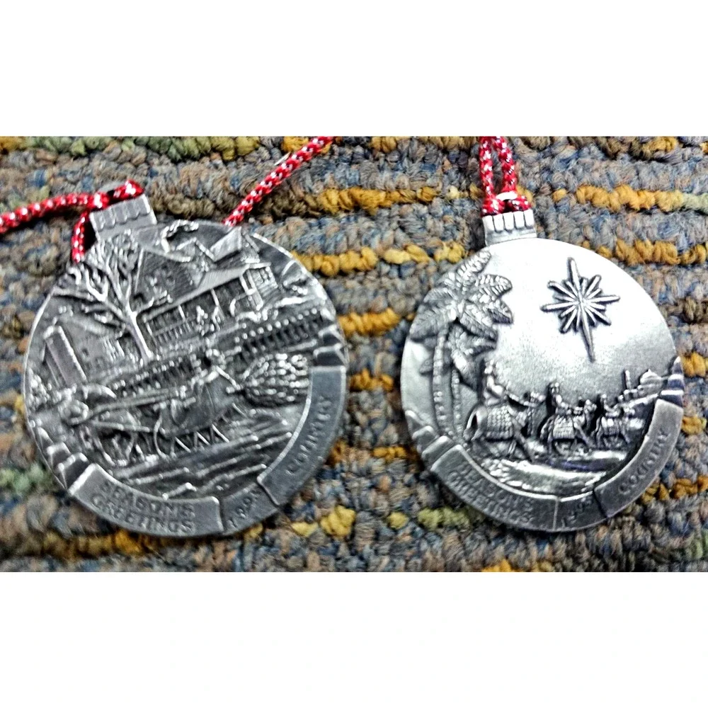 Set of 11 Country Promotional Pewter Christmas Ornament 1.75in Seasons Greetings